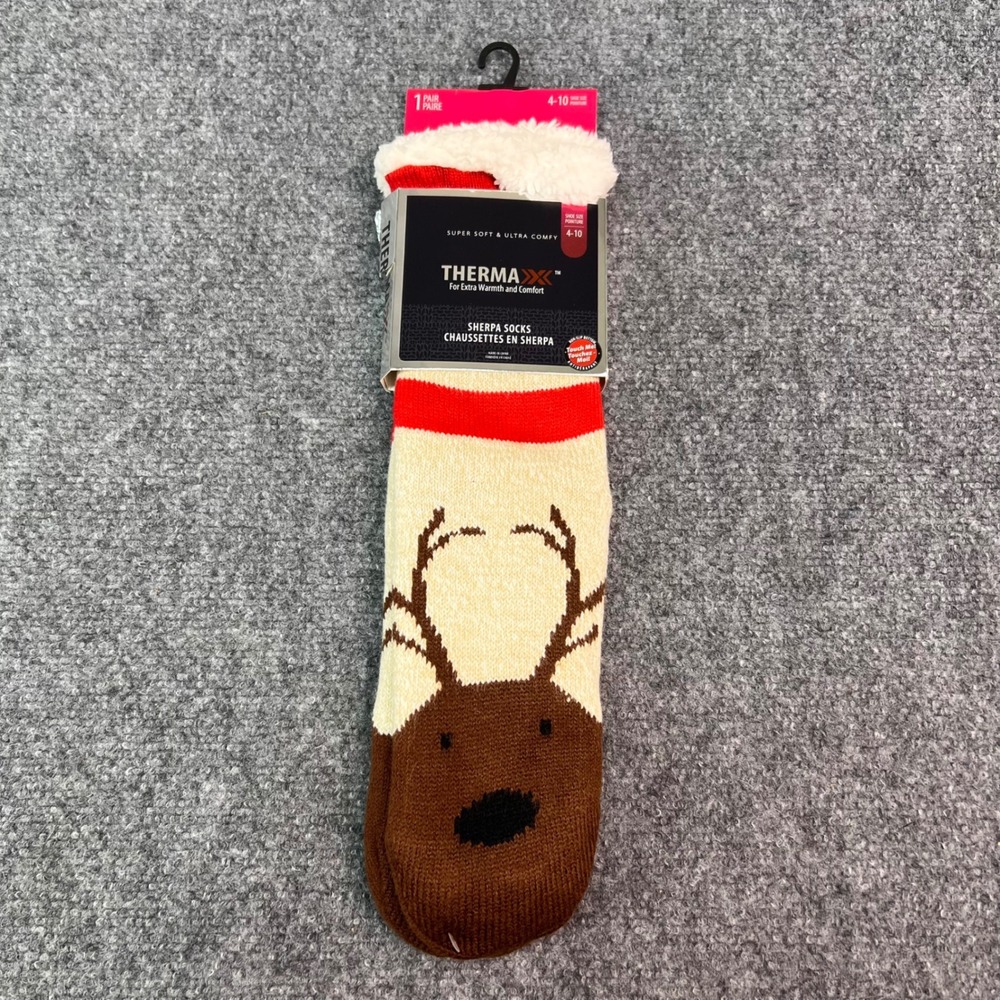 Thermaxx Sherpa Lined Slipper Socks Reindeer Christmas Non-Slip Red Cream 4-10